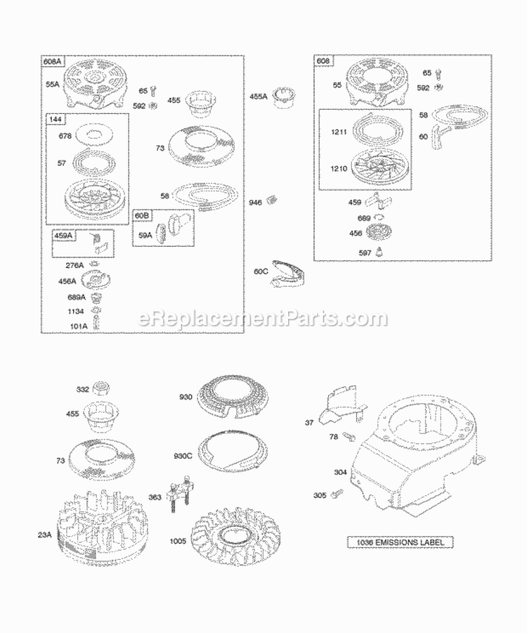 Blower HousingShrouds Flywheel Rewind Starter Diagram and Parts List for 12F782-0646-01  Briggs and Stratton Engine